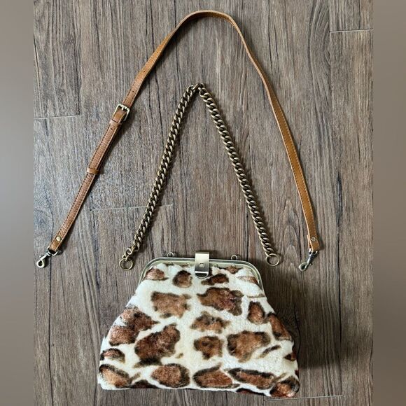 Leopard Print Handmade Real Shearling Leather Chic Metal Frame Push Lock Purse - Picture 12 of 16